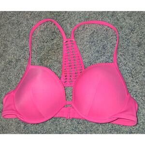 Victoria’s Secret The Fabulous Halter Swim Top Crochet Back Hot Pink size 34D